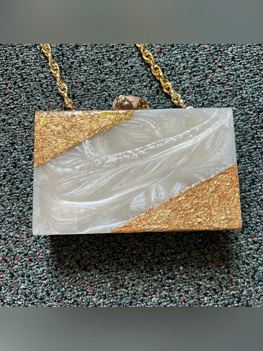 MINTSA Gold Foil & White Marble Resin Acrylic Clutch Evening Minimal Small Bag